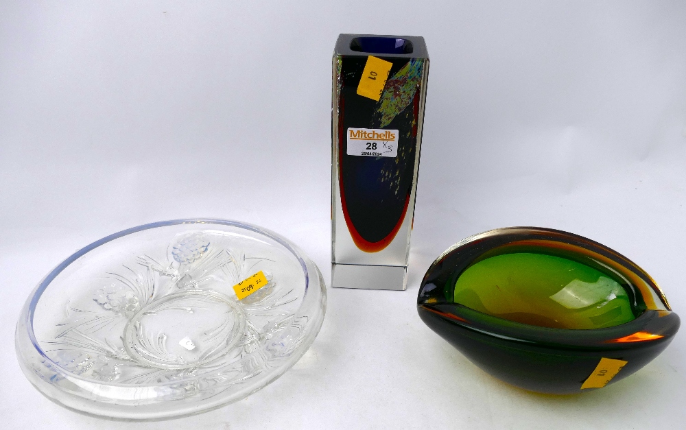 Three pieces of Art Glass including green ashtray and bud vase,