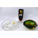 Three pieces of Art Glass including green ashtray and bud vase,