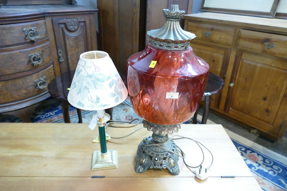 Electric lamp with red glass shade, styled as an oil lantern, 60 cm high,