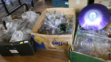 Three boxes of glassware, purple glass table centre, glass tazzas, fruit bowls, vases, wine glasses,