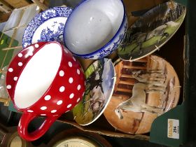Box of decorative horse plates, red polka dot oversize cup and saucer formed planter,