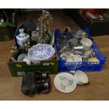 Two boxes of pewter teapot, jug and bowl, Belleek teaware,