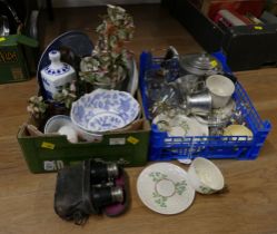 Two boxes of pewter teapot, jug and bowl, Belleek teaware,