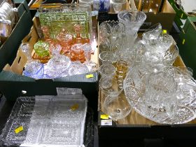 Three boxes of pressed glass, coloured dressing table sets, fruit bowls, vases,
