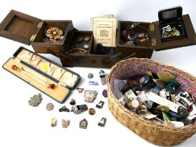 Cantilever sewing box of buttons, badges and costume jewellery, ration book, Home Guard badge,