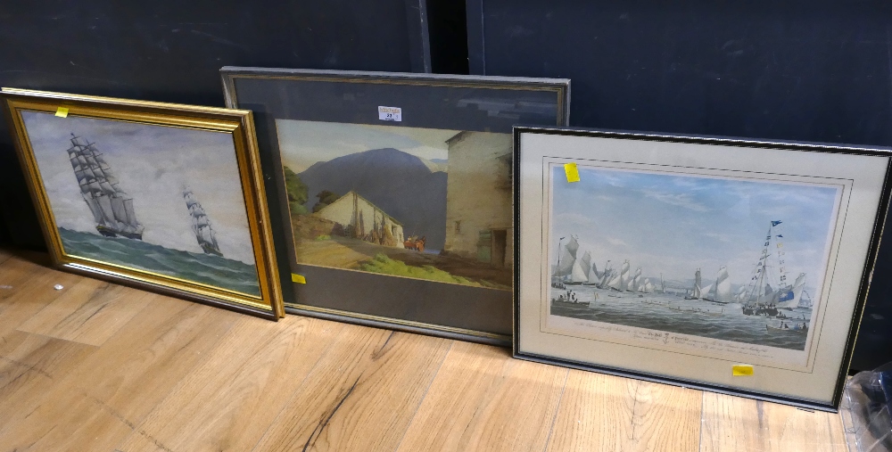 William Heaton Cooper Lakeland farm print and 2 pictures of tall ships