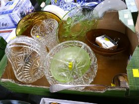 Box of glassware, cut glass fruit bowls, orange glass dessert bowl, green glass plate,