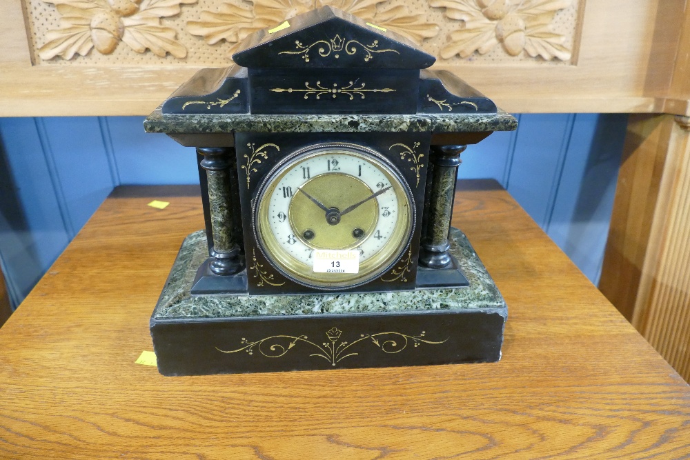 Slate and green marbled mantel clock, 28 cm high,