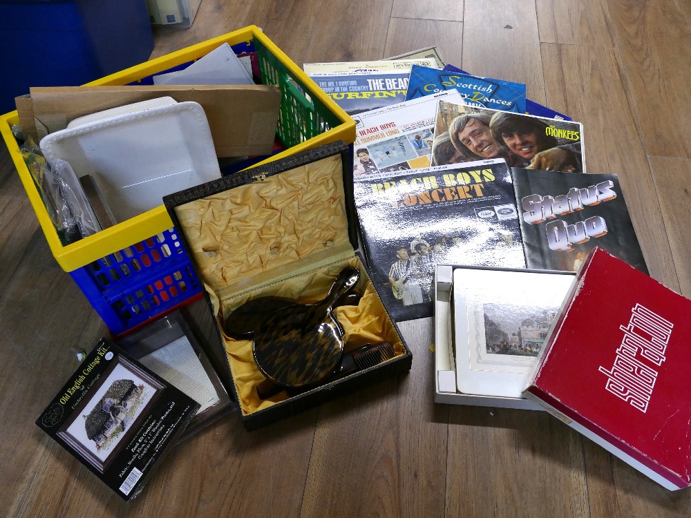 Box of embroidery kits, place mats, hairbrush set, LP's, Monkeys, Beach Boys,