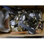 Box of vintage pocket watch and wristwatch parts, straps, faces,