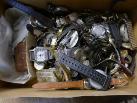 Box of vintage pocket watch and wristwatch parts, straps, faces,