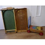 Triang baby walker and two bagatelle boards by Chad Valley and Kay of London