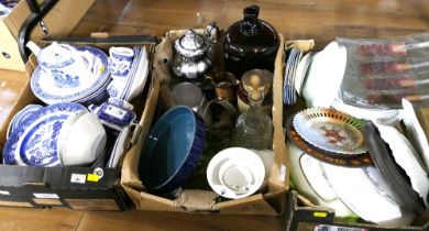 Three boxes of ceramics and glassware, blue and white plates, teapot,