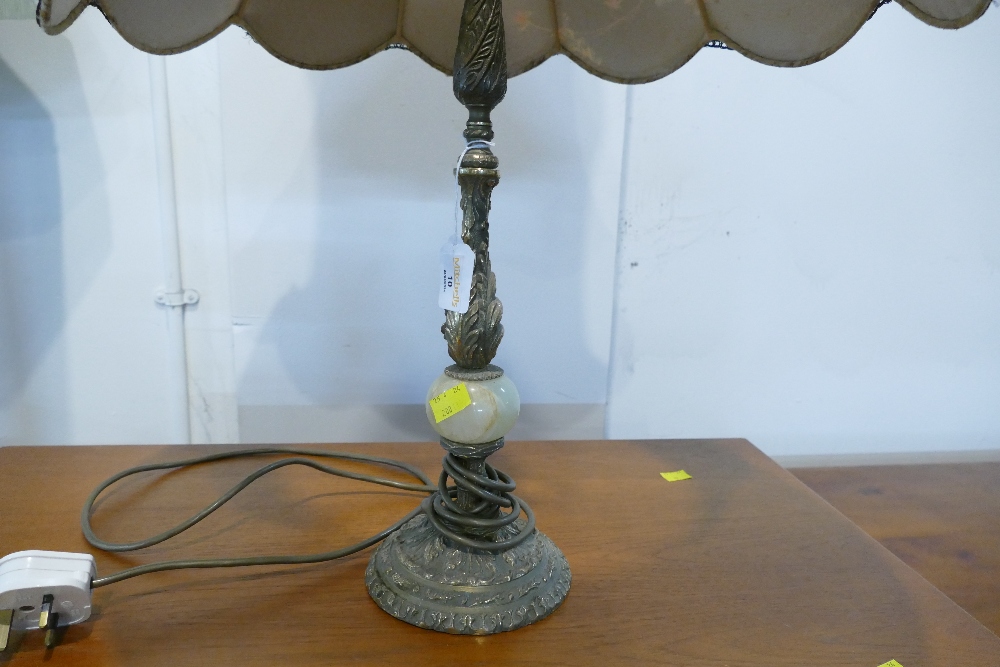 Oriental style brass and mineral stone column lamp with shade, - Image 2 of 2