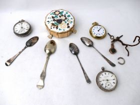 Two silver cased pocket watches, two silver Georgian spoons, Stratton trinket box,