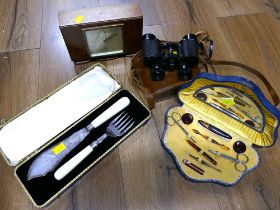 Pair of Orbito 8 x 30 binoculars, Elliott wooden mantel clock,