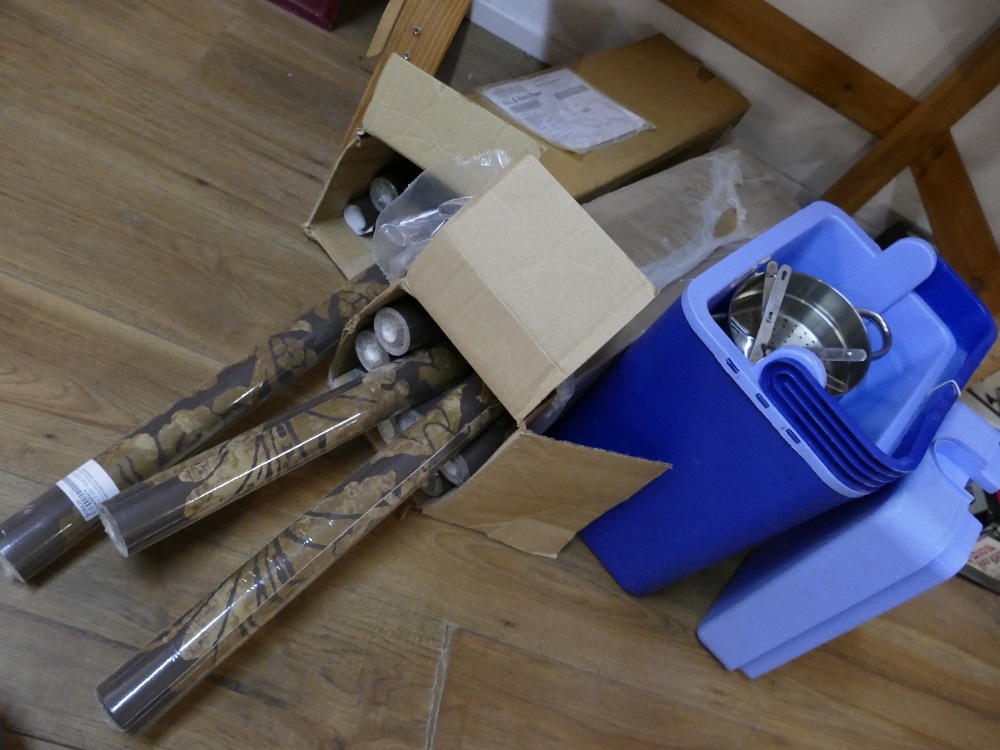 Fifteen rolls of wallpaper and coolbox with steamer and cutlery
