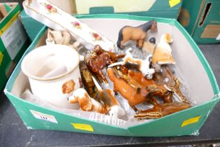 Box of ornaments, Beswick foxes and hounds, mug,
