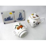 Two Delft tiles and Royal Worcester teapot and sifter