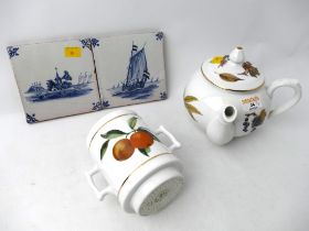 Two Delft tiles and Royal Worcester teapot and sifter