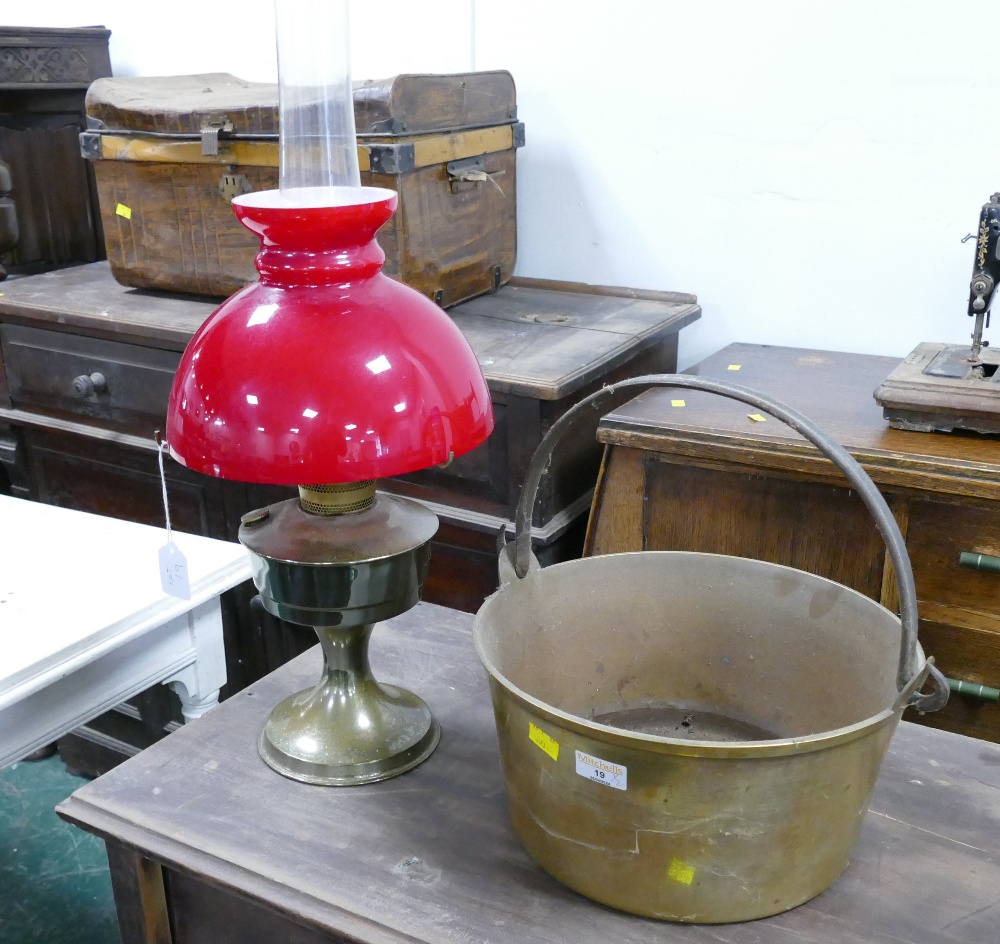Brass jam pan and Aladdin oil lamp with red shade