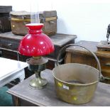 Brass jam pan and Aladdin oil lamp with red shade