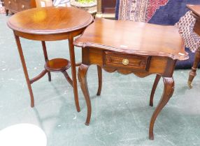 Modern dark stained pine side table with single drawer and Edwardian circular occasional table