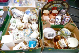 Three boxes of commemorative mugs, Sunderland lustre bowls, soup dishes,