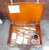 Vintage suitcase of plated hip flask, cigarette boxes,