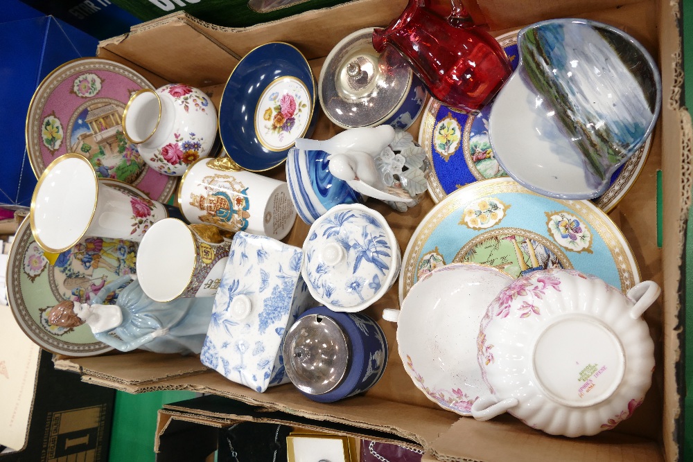 Box of Highland Pottery dish, cabinet pieces, commemorative royal beakers,