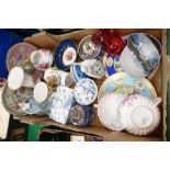 Box of Highland Pottery dish, cabinet pieces, commemorative royal beakers,