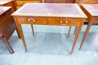 Edwardian inlaid mahogany writing table with leatherette writing surface, two frieze drawers,