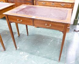 Edwardian inlaid mahogany writing table with gilt tooled leather writing surface with two drawers