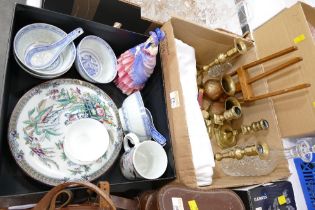 Two boxes of Royal Doulton figurine "A Victorian Lady" HN728 (AF), Oriental bowls, tablecloth,