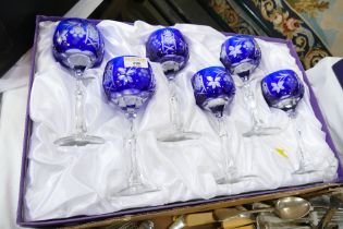 Set of six cased blue overlaid cut glass wine glasses