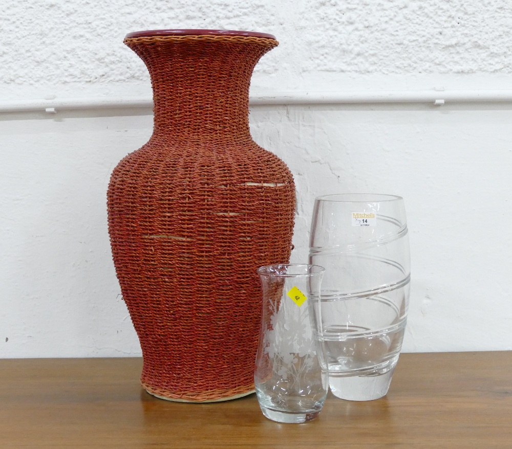 Three vases, red ceramic vase with wicker exterior, height 55 cm, floral engraved glass vase,