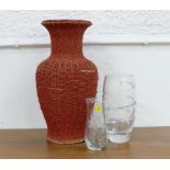 Three vases, red ceramic vase with wicker exterior, height 55 cm, floral engraved glass vase,