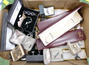 Box of costume jewellery, synthetic pearl necklace, tie clips,