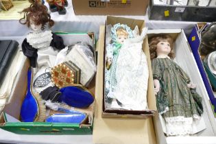 Box of blue enamelled dressing table set, dolls,
