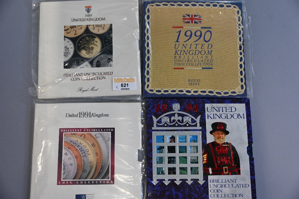 Four United Kingdom brilliant and uncirculated coin sets 1989, 1990,