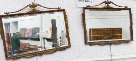 Two rectangular gilt framed bevelled edge mirrors, width 93 cm,