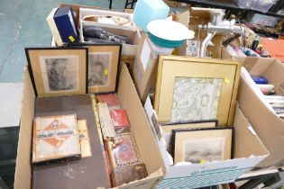Three boxes of games, etchings, map, mincer,