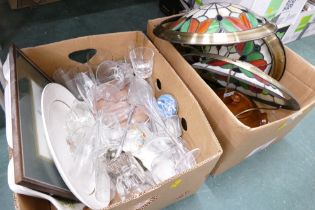Two boxes of light shades, glassware,