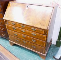 George III walnut bureau with slope front to fitted interior with four frieze drawers and all