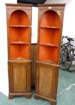 Pair of narrow mahogany standing corner cabinets, height 167 cm, width 43 cm,