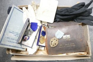 Box of Masonic items associated with Brother J Emlyn Jones Arcadian Lodge 2696 to include three
