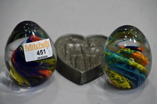 Two glass paperweights and heart paperweight