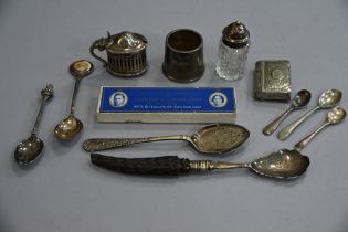 Silver and white metal cruets, spoons,