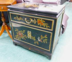 Oriental black lacquered cabinet inlaid with birds and flowers, height 64 cm, width 65 cm,