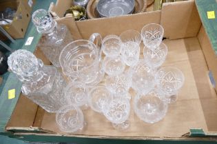 Box of cut glass decanters, jugs,